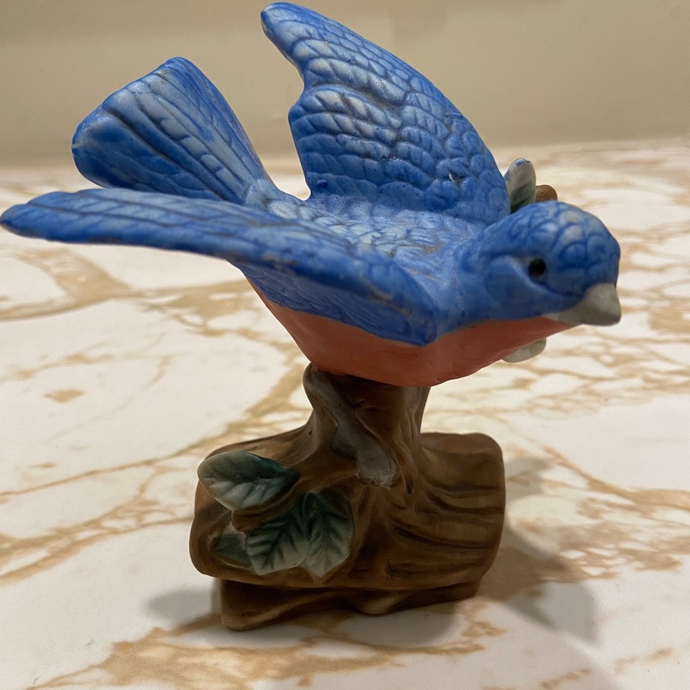 Beautiful Ceramic Blue Bird Perched On Log Figurine 3.5”x3.5” Miniature Figure